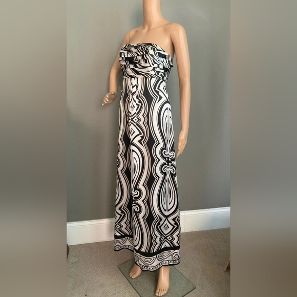 White House Black Market Strapless Silk A-Line Maxi Dress Abstract Print Sz. 4 - Picture 3 of 11